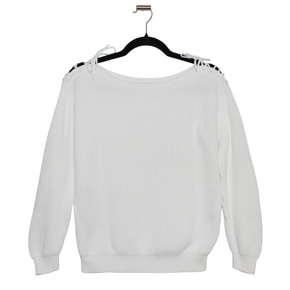 MaxMara 100% Cotton White Boatneck Knit Sweater Tie Detail Size Large